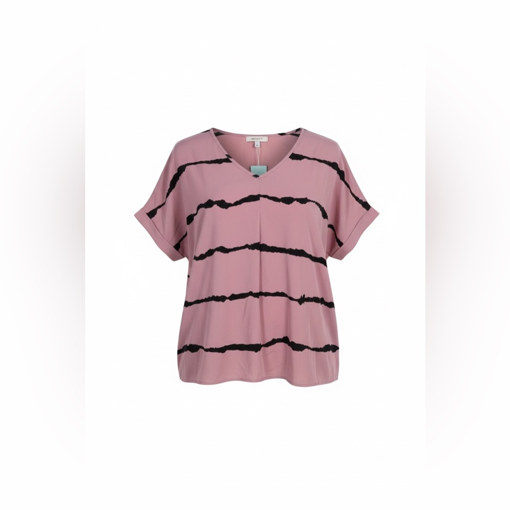 Women’s T-shirt Black Striped V Neck Short Sleeve Top Pink XXL.